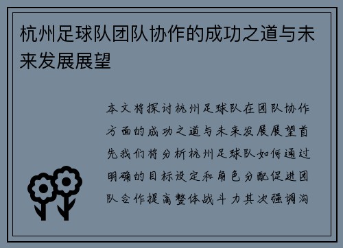 杭州足球队团队协作的成功之道与未来发展展望